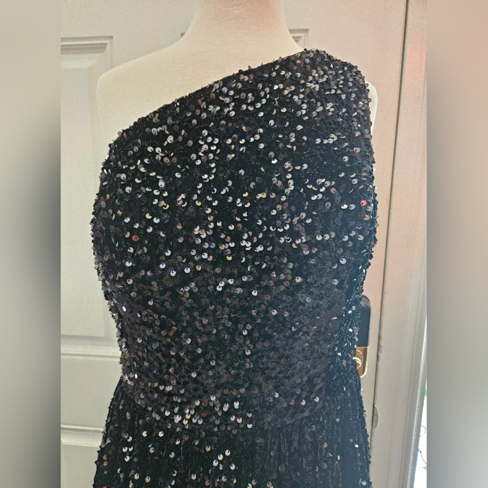Single Strap Black Velvet Sequin Custom Gown XL